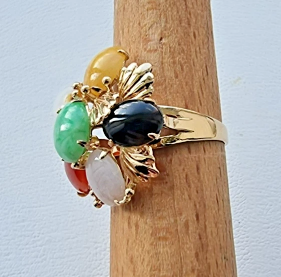 ANILLO FLOR JADEÍTA MULTICOLOR ORO AMARILLO 14K 585 VINTAGE TALLA 5,5, 5,1 GRAMOS Foto 3 de 4