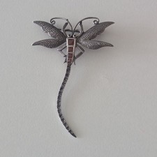 Broche Libélula Vintage Estilo Art Deco Lg Plata de Ley Marcasita y Granate