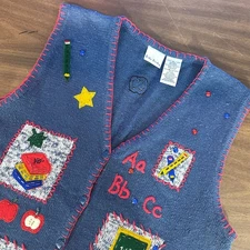Vintage Bobbie Brooks School Teacher Vest Sweater Books XL Blue Ramie Apple