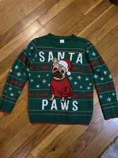 Holiday Time French Bulldog Santa Paws Ugly Christmas Sweater Green Youth 10-12