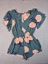 Billabong Women s Medium Teal Floral Flutter Sleeve Romper Open Back