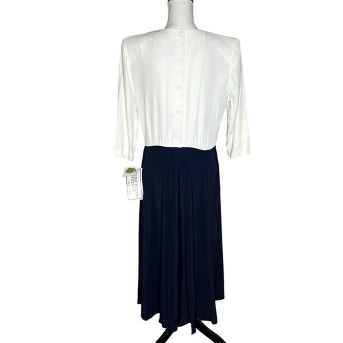 ED Michaels Petite abito vintage anni 80 90 bianco navy midi modesto gonna plissettata L - Foto 4 di 14
