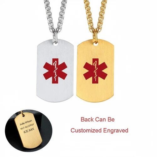 Personalized ID Name Medical Alert Dog Tag Men Necklace Pendant Custom Engraving