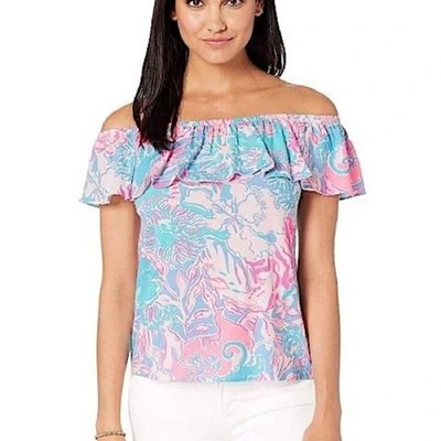 Lilly Pulitzer La Fortuna Off The Shoulder Top in Blue Peri Viva La Lilly Sz XS