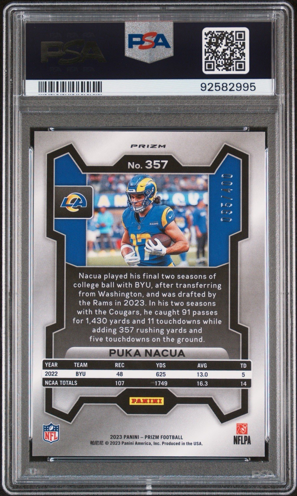 Puka Nacua /400 Rookie Pandora PSA 10 GEM MINT 2023 Panini Prizm #357 RC view 2