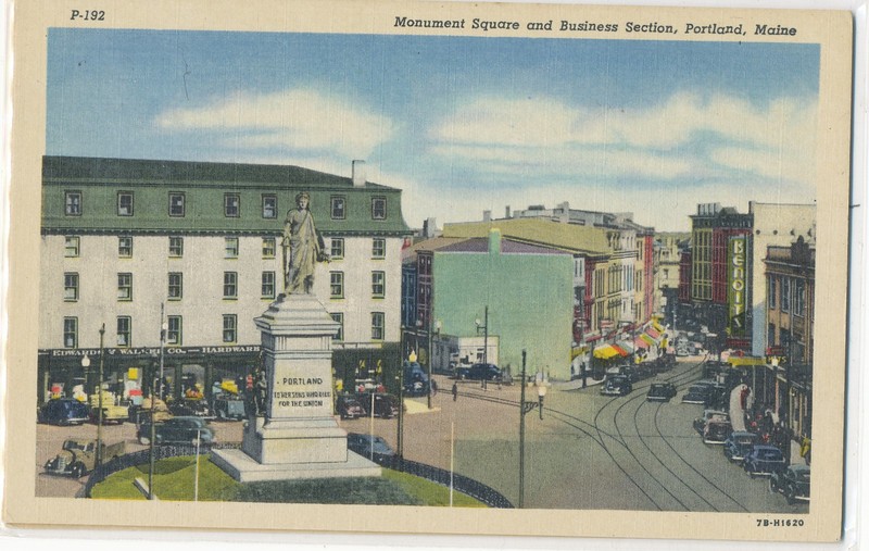 ME, PORTLAND - MONUMENT SQUARE AND BUSINESS SECTION postcard