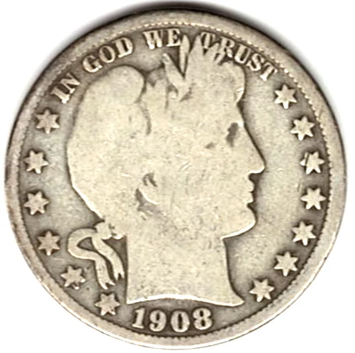 1908 O Barber Half grades in GOOD condition. FULL RIM ON BOTH SIDES   stk v9