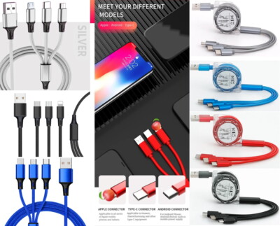 3-in-1 Multi Ladekabel micro USB Type C Kabel Einzehbar iPhone Samsung 1m 1.2m