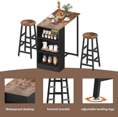 3Pc Bar Table 2 Stool Set Kitchen Breakfast Counter Dining Table Home Pub Set - Picture 7 of 9