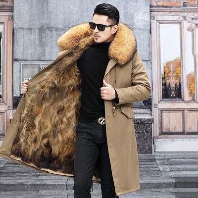 Mens Real Fox Fur Collar Detachable Fox Fur Lined Mid Long Trench Coat Parka New