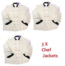 3 x white plus black trim cotton chef jacket top long sleeve Mens ladies unisex