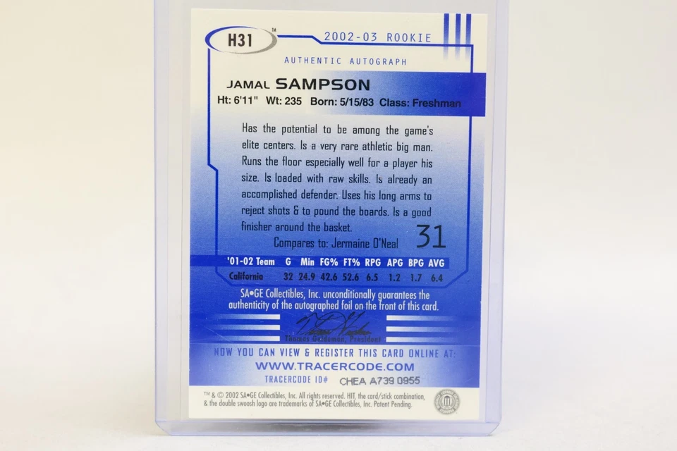 JAMAL SAMPSON AUTO RC 2002-03 SAGE Hit Emerald #H31 SP CALIFORNIA GOLDEN BEARS - Image 2 of 2