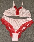 Vtg Style Glossy Pink Satin & Red Lace Bra & Bikini  Panties Lingerie Set XL NEW