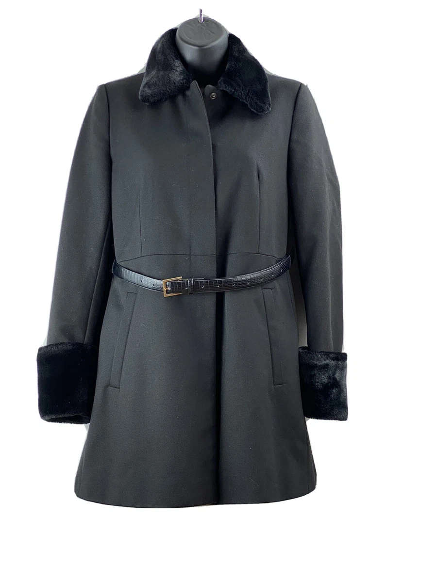 Zara Basic Black Belted Dress Coat Faux Fur Collar Cuff Fitted Size Small