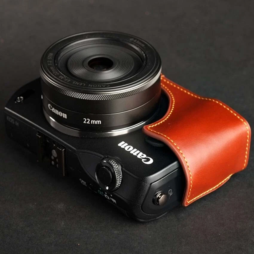 Media cubierta bolsa hecha a mano de cuero genuino para cámara para Canon EOS M3 M10 M2 M Foto 2 de 4