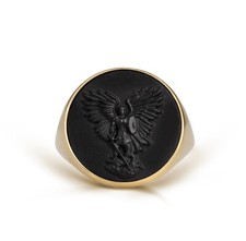 14K Michael Archangel Cameo Signet Ring, Black Onyx Intaglio Ring, Baptism Gift