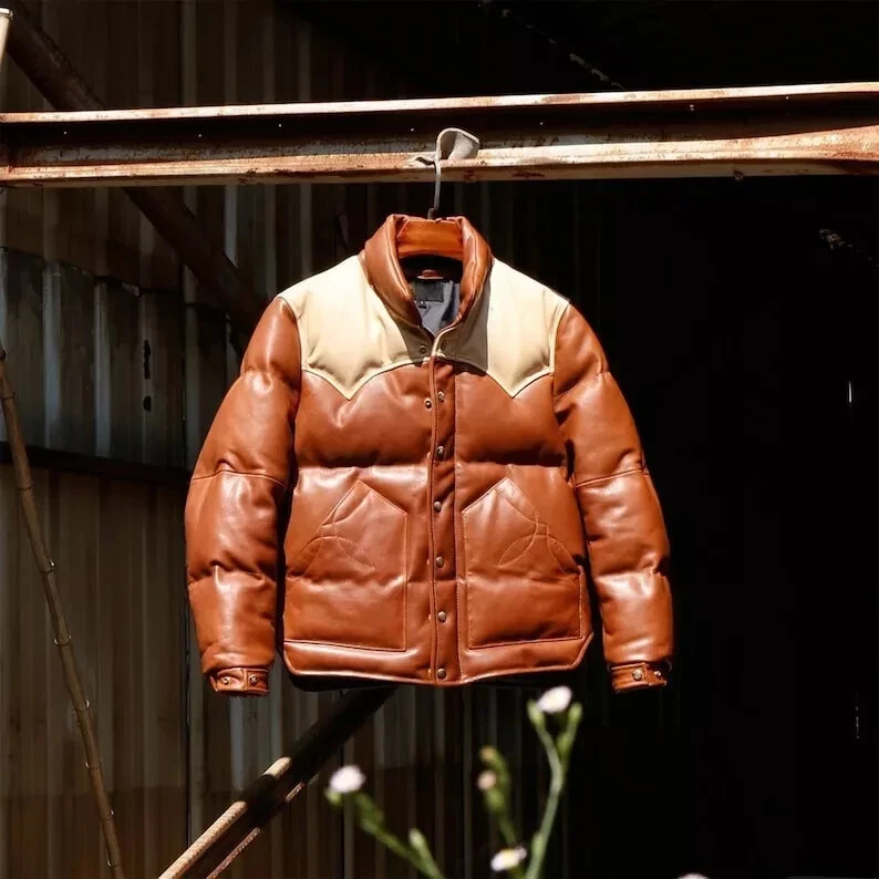 Men's Brown & Beige Lambskin Genuine Leather Jacket New Premium Puffer Jacket