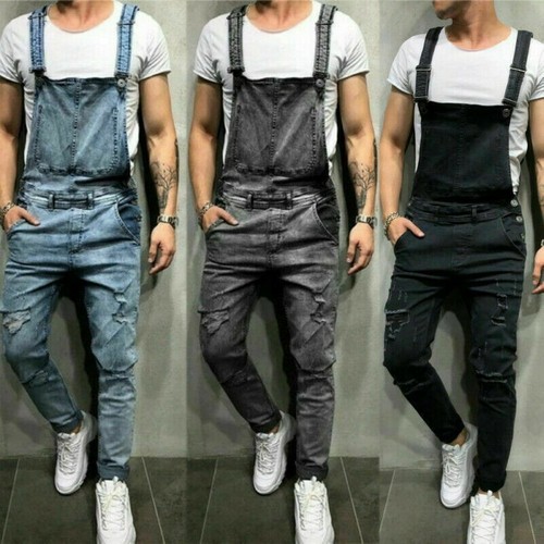 Uomo Strappato Denim Jeans Tuta Salopette Tuta Pantaloni Taglie Forti | eBay