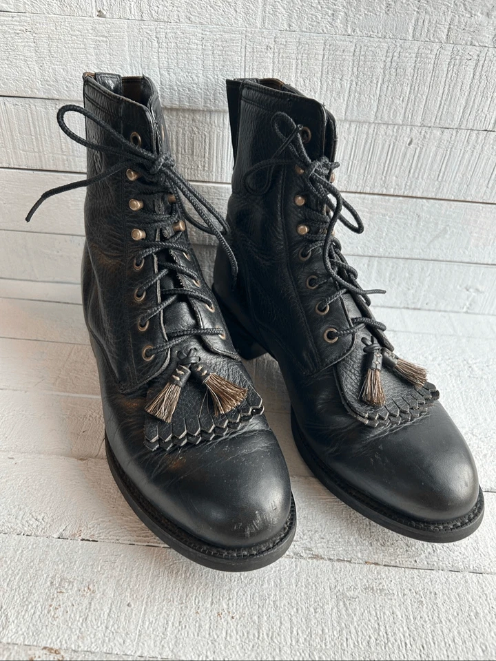 Ariat Black Heritage Lacer Leather Lace-Up Ankle Boots 7C | Tassel Western - Image 2 of 4