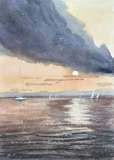 painting 12’’x16’’ Seascape  yachts sunset in the reflection Original Watercolor