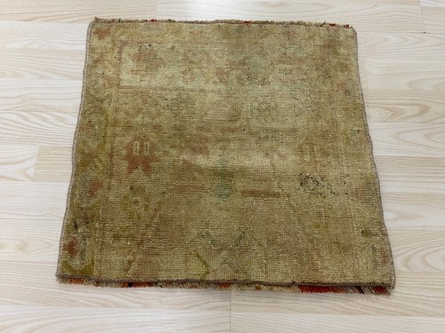 Antique Turkish Rug 1.6x1.7 ft Vintage Faded Khaki Square Small Mat Wool Boho