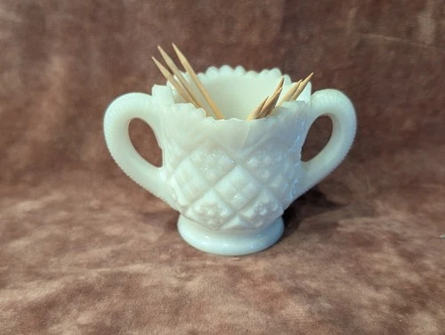 Vintage Westmoreland Milk Glass Diamond Point Double Handle Toothpick Holder
