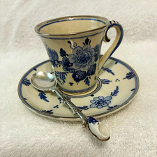 Delfts Blauw Hand Painted Blue/White Floral Cup Saucer Set with Spoon