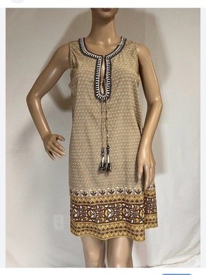 Calypso St Barth Beige & Brown Tassel Sundress with Embroidered Neckline Silk XS