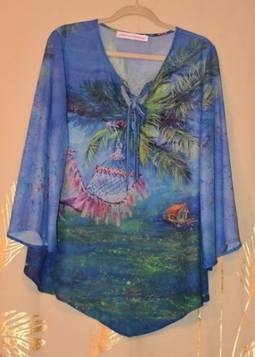 LEOMA LOVEGROVE WOMEN'S XL TROPICAL BEACH SCENE SHIRT - TASSEL/FRINGE TIE FRONT