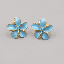 Blue Enamel Flower Stud Pierced Earrings Gold tone 5/8"