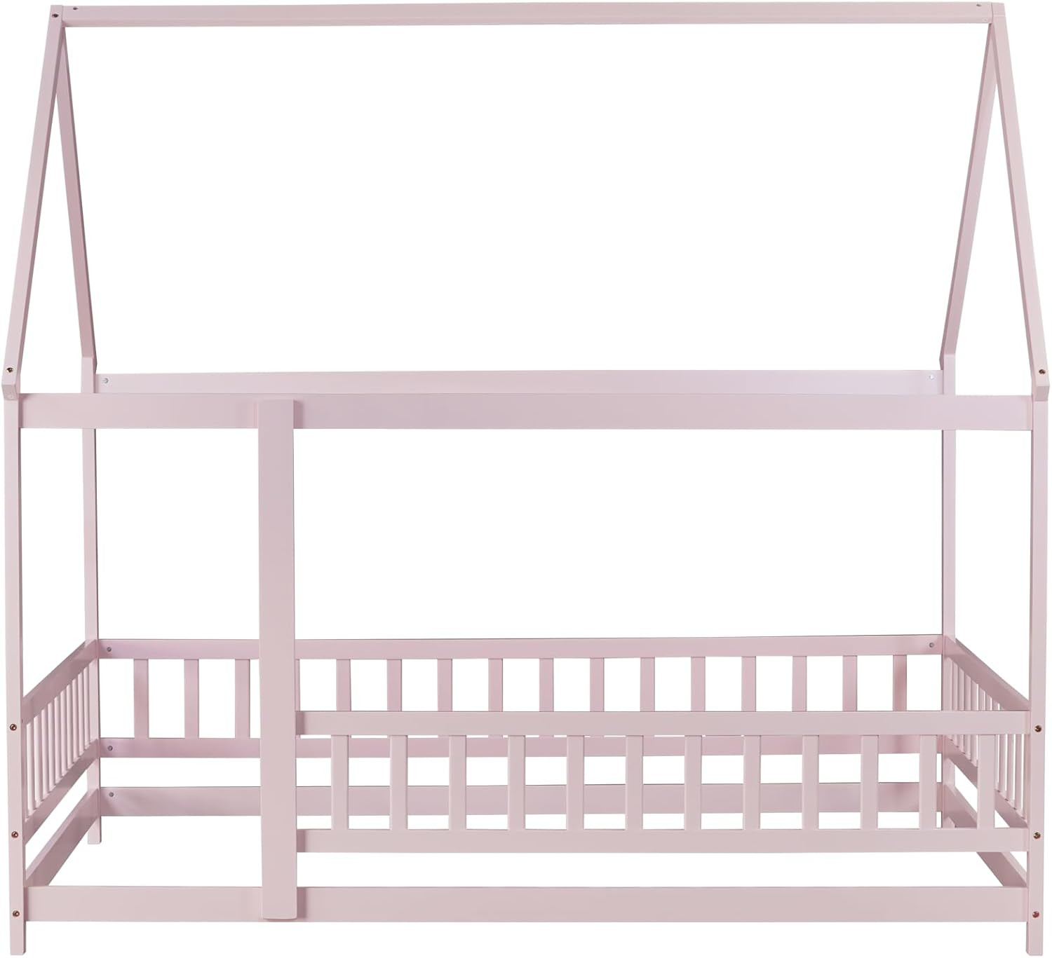Full Size Kids Floor Bed Frame with Roof and Guardrails, Pink