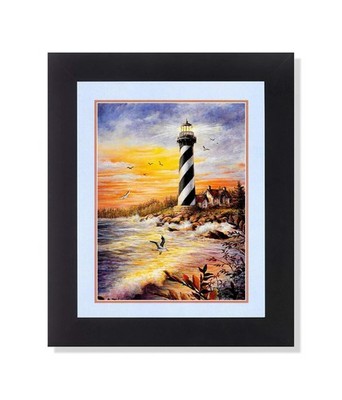 Lighthouse with Victorian Cottage by The Sea #1 Black Framed 8x10 Art Print