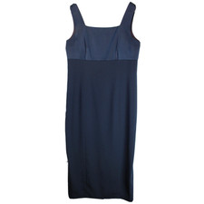 Talbots Shift Maxi Dress Women 12 Navy Sleeveless Back Slit Festive Old Money
