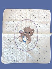 Vintage Handmade Teddy Bear Baby Quilt Nursery Blue White 38x33