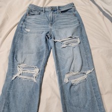 American Eagle Mom Jeans Women's Size 6 Short Blue Denim Distressed High Rise