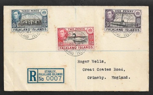 FALKLAND IS PORT STANLEY TO ENGLAND UK REGISTERED FIRST DAY COVER 1941