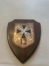 Rare German military plaque shield wood and metal Iron Cross sword feather