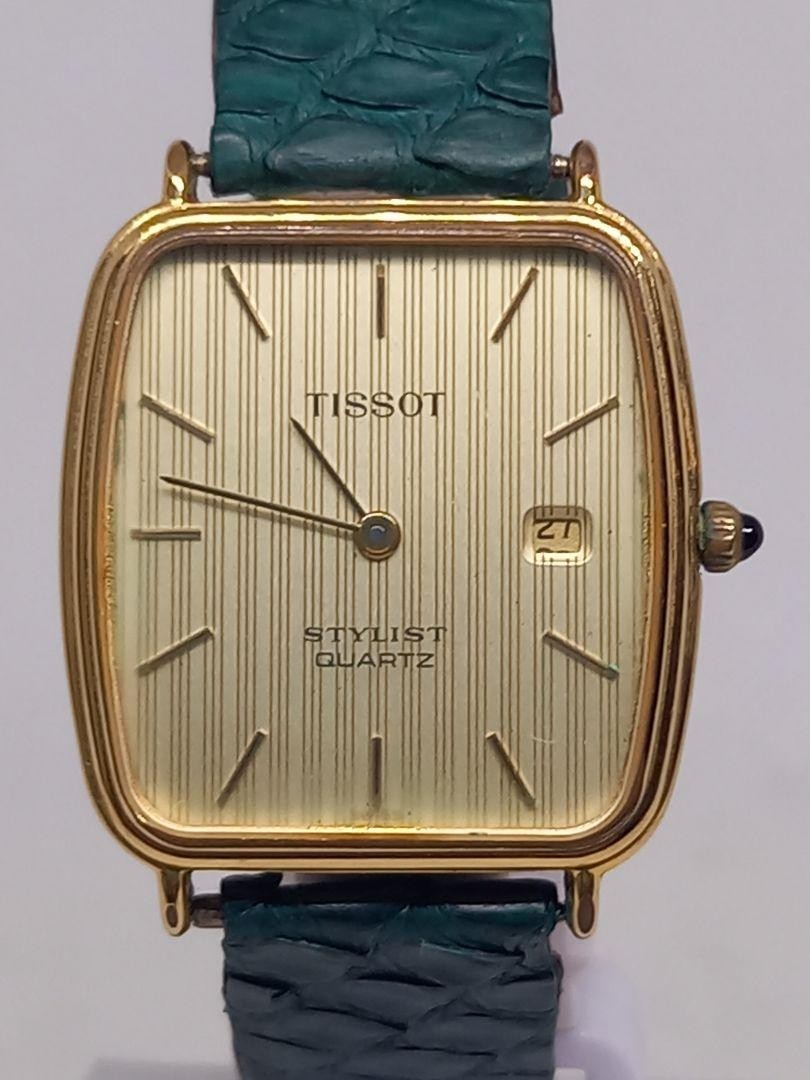 TISSOT Stylist Date Mens Gold Tonneau Quartz Watch Swiss Made Leather Strap
