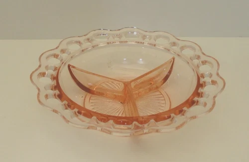 Anchor Hocking OLD COLONY Lace Edge Pink Divided Relish Bowl Depression Glass