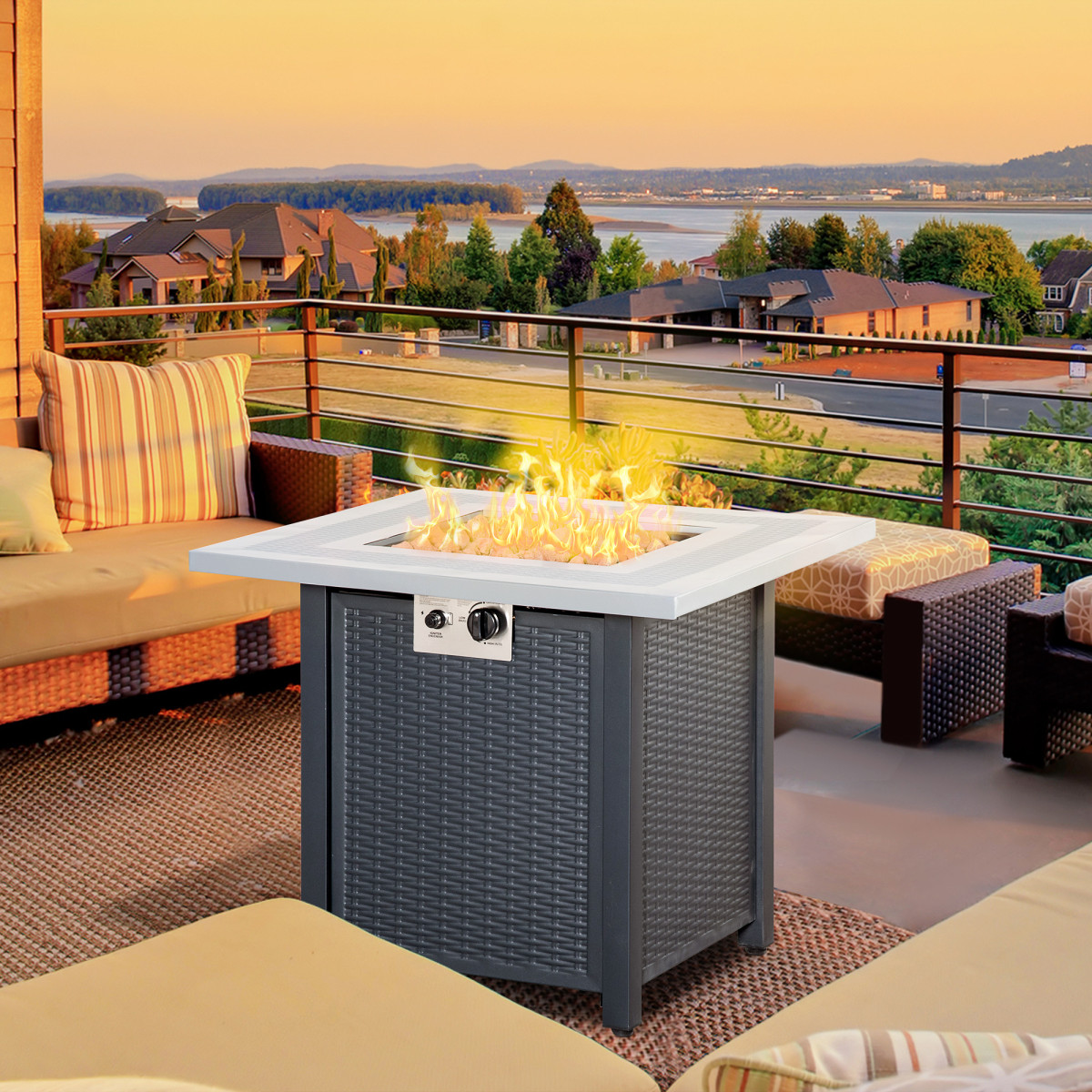 Square Gas Fire Pit Table &ndash; Rattan Effect Outdoor Heater with Lava Rocks & Lid