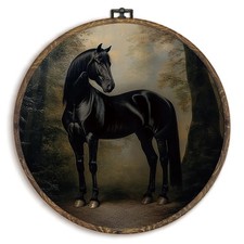 Vintage Black Horse Framed Wall Art, Farmhouse Horses Round Canvas Prints Wal...