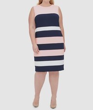 Tommy Hilfiger Womens Pink Striped Colorblock Crewneck Dress Plus Size 16W