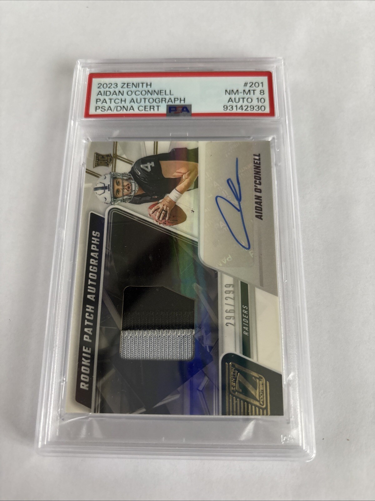 2023 Panini Zenith - RC Patch Autographs #201 Aidan O'Connell/299 (AU, MEM, RC)