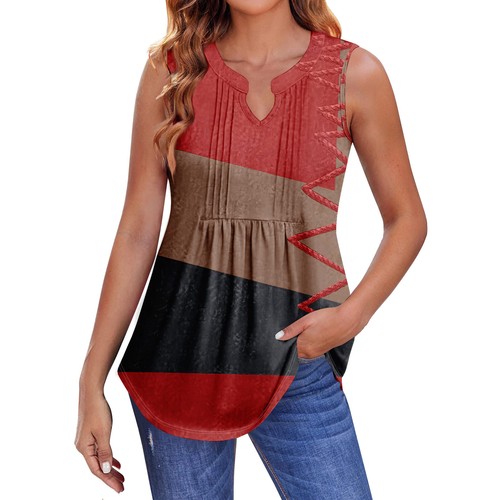 Womens Summer Tank Tops Pleated V Neck Printing Casual Top Tank Tops For - Picture 2 of 36