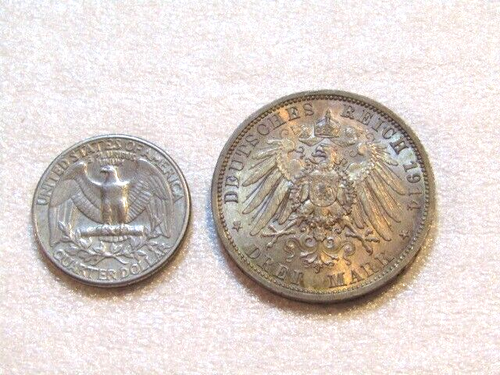1914-A Germania Impero 3 marchi moneta d'argento Guglielmo II di Prussia grado migliore - Foto 3 di 5