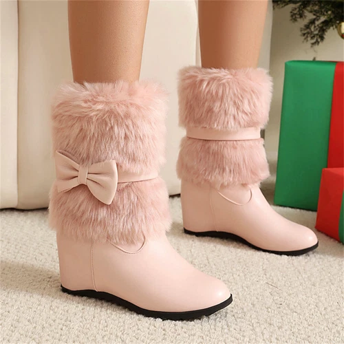 Women's Hide Wedge Heel Plush Lining with Faux Fur Trim Bowknot Decor Snow Boots - Picture 8 of 16
