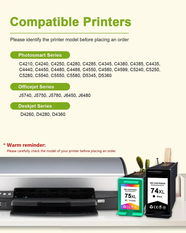 Картридж чернильный 2PKCompatible 74XL 75XL для HP C4280 C5280 C4480 C4250 D4260 J5780 - Изображение 2 из 4