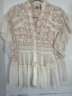 Anthropologie Akemi + Kin XS Lindy Popover Blouse Boho Cottagecore Ruffle Eyelet