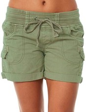 Women's Casual Drawstring Elastic Waist Roll-Up Loose Fit Cargo Shorts Green S