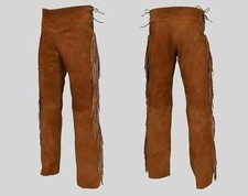 Men's Western Cowboy Brown Leather Suede Native American Fringed Pants